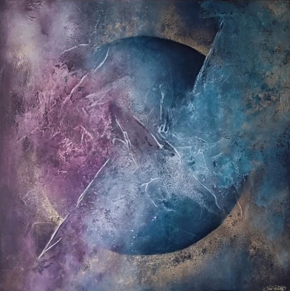 Colorful abstract painting with pink, turquoise-green, and blue tones, textured surface, and a gold circular shape.