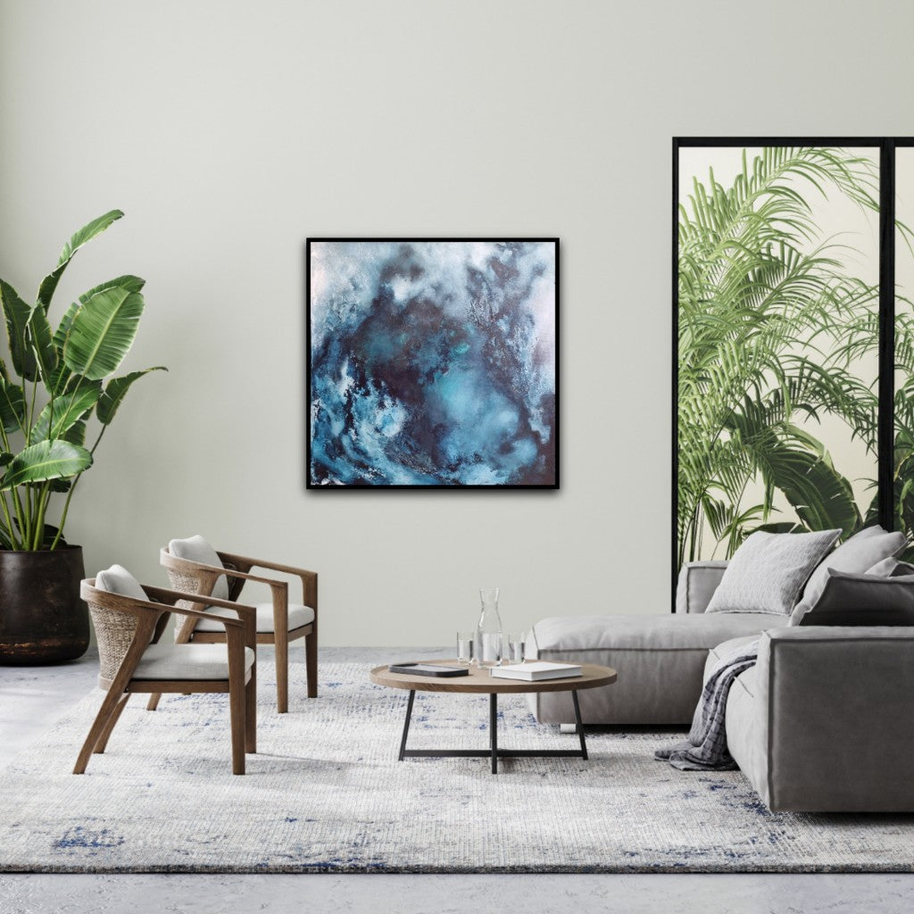 Contemporary blue canvas painting in the luxury interior designed home.