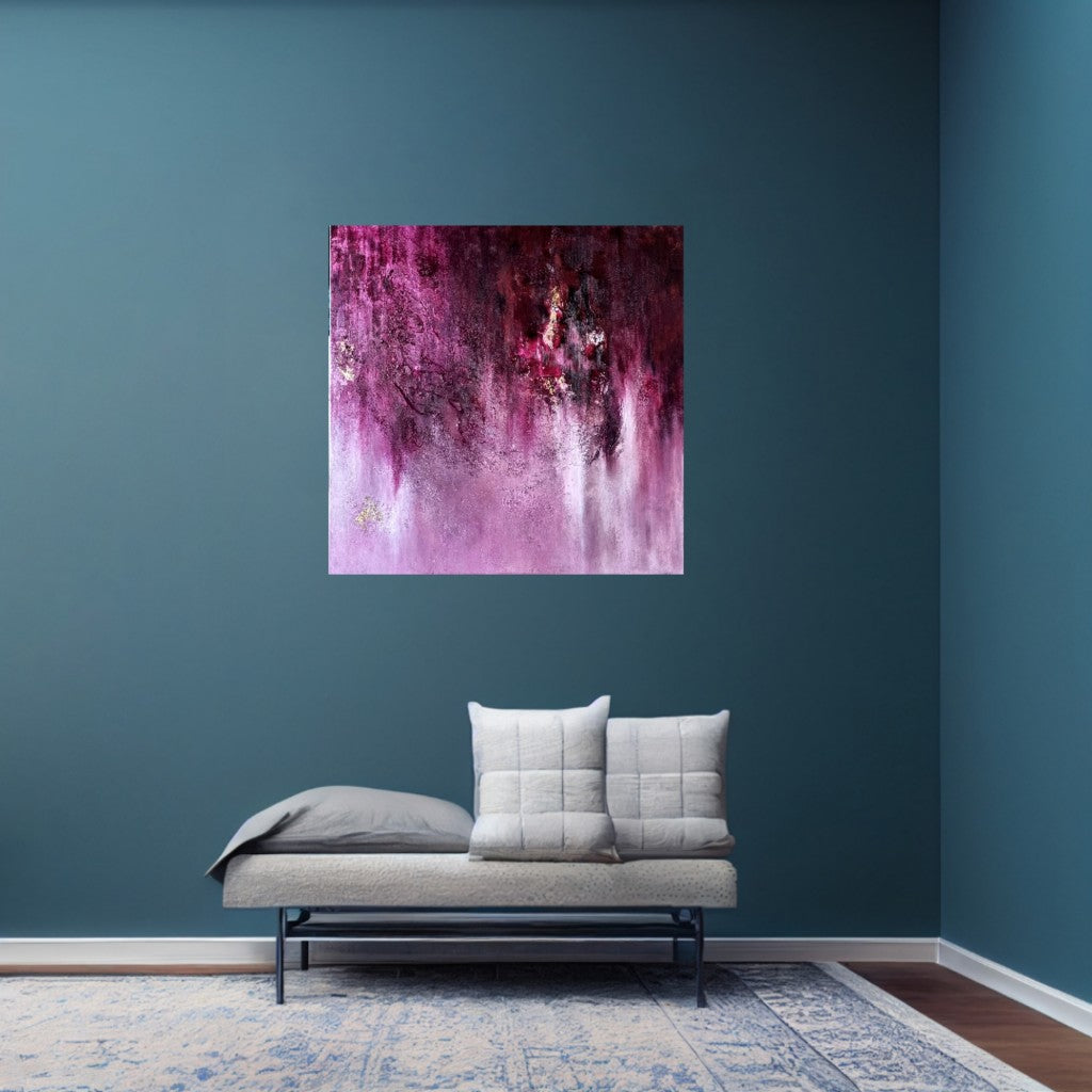 Pink abstract painting hangs on a blue wall above a gray sofa and rug in a minimalist interior.