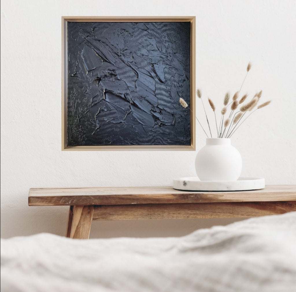 Black monochrome 3d painting with wooden furniture.