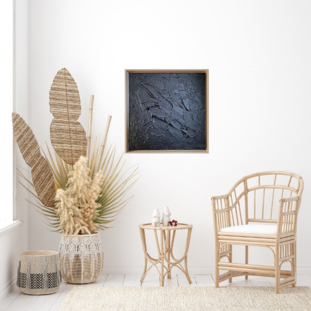 Black monochrome 3d painting with boho wooden furniture.