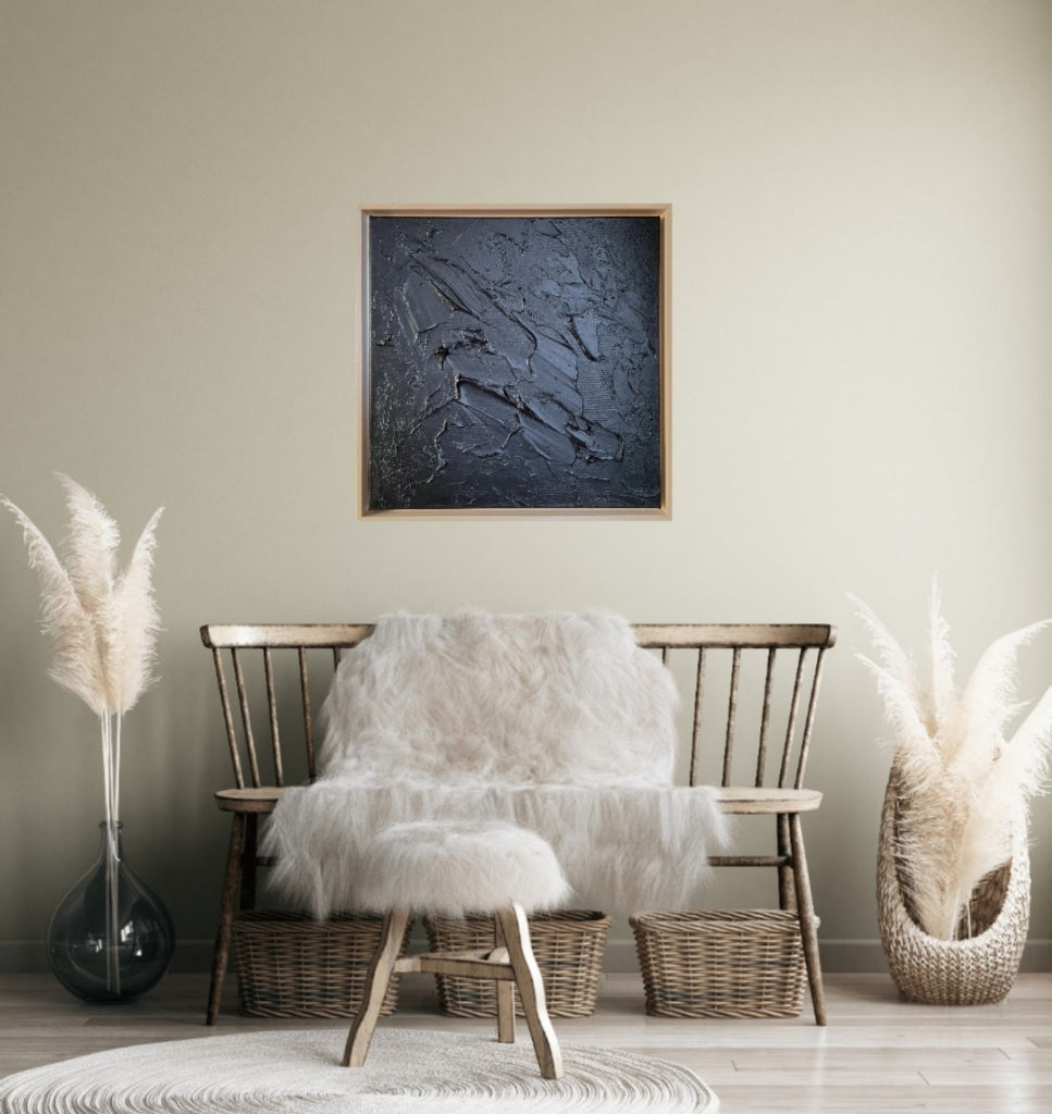 Black monochrome 3d painting with wooden furniture.