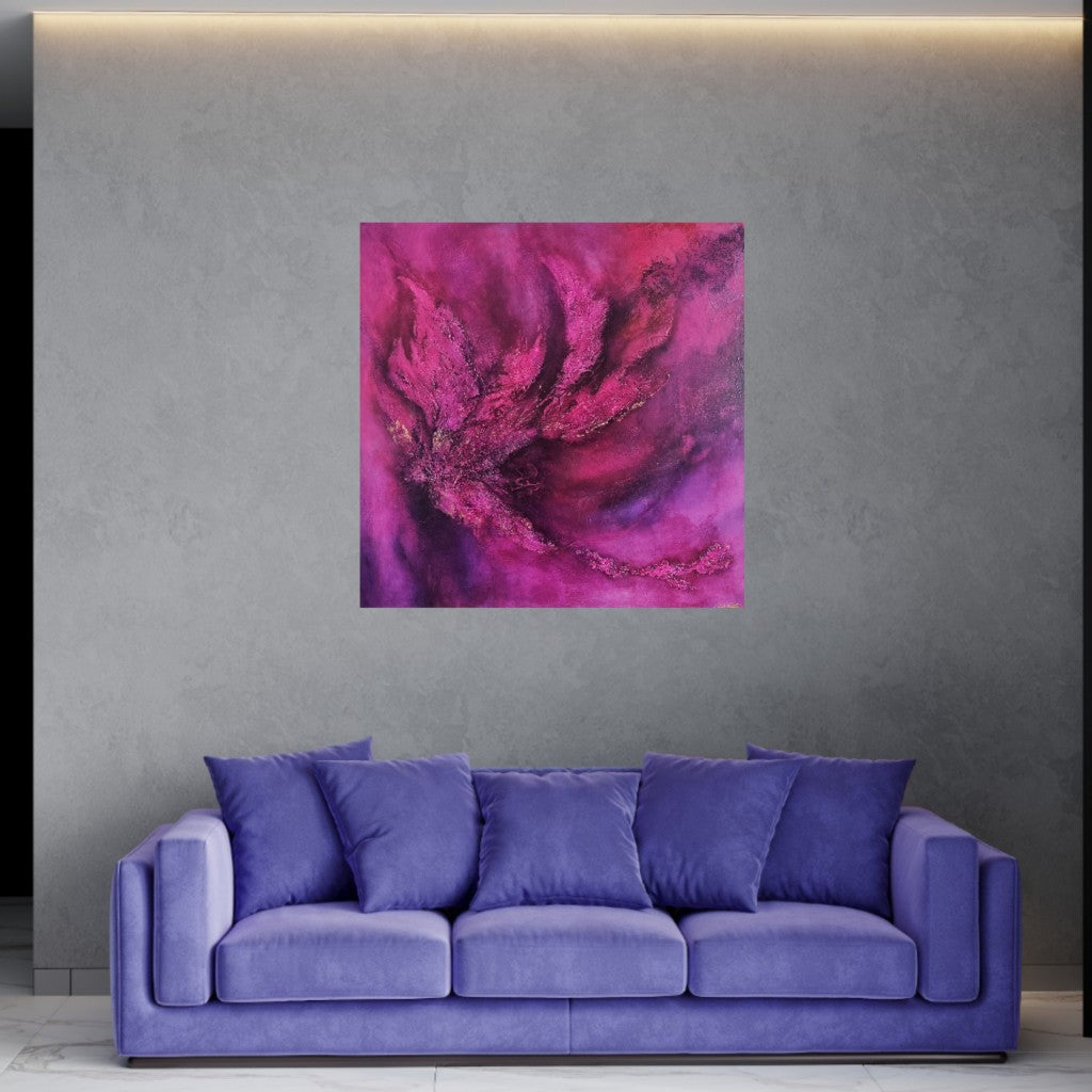 Large textured pink purple abstract painting above a lavendel-lilac sofa.