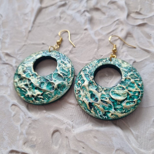 Textured Round Earring - Green and Gold