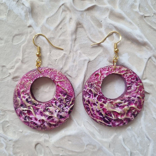 Painted round Earring - Violet, Magenta and Gold