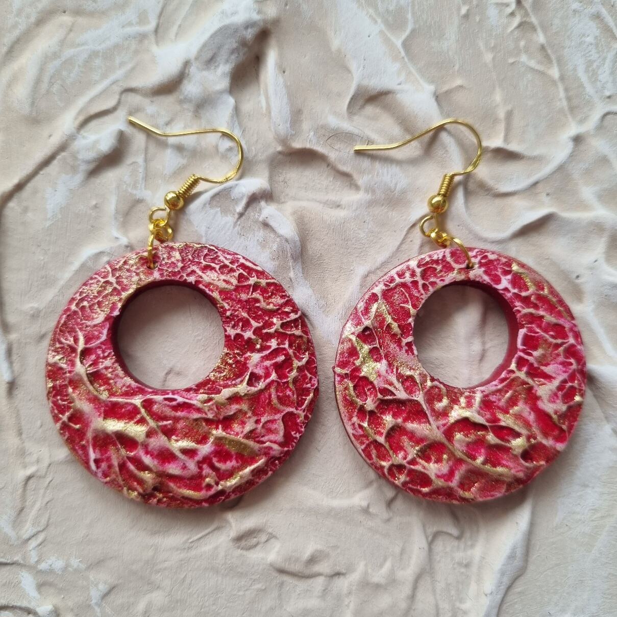 Textured Round Earring - Red and Gold