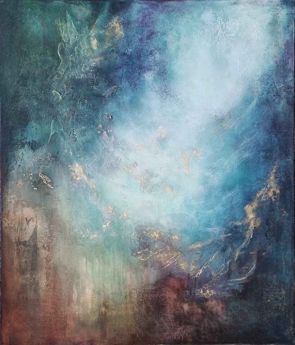 A large abstract painting featuring bold strokes of blue, green, white, red, and brown.