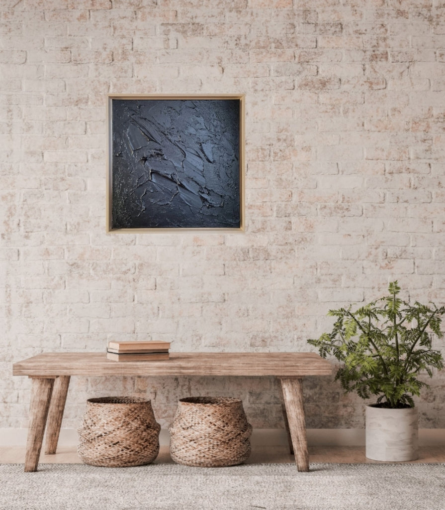 Black monochrome 3d painting with wooden furniture.