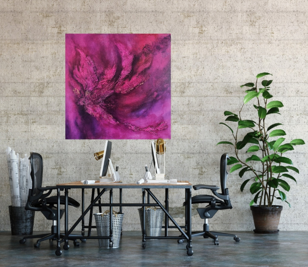 Large pink purple painting hanging in a loft style office.